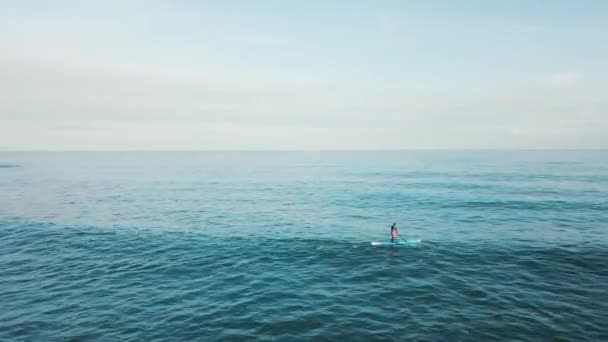 Aerial view of the young man swimming on paddle board in clear turquoise sea water against blue sky. Stock. Resort season. — Stock Video