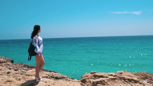 Νεαρό κορίτσι στέκεται στην άκρη ενός γκρεμού και βλέπει στη θάλασσα. Όμορφη κοπέλα απολαμβάνοντας τη θέα στο βράχο πάνω από τη θάλασσα. Κορίτσι στην άκρη του γκρεμού απολαμβάνει τη θέα στον ωκεανό — Αρχείο Βίντεο