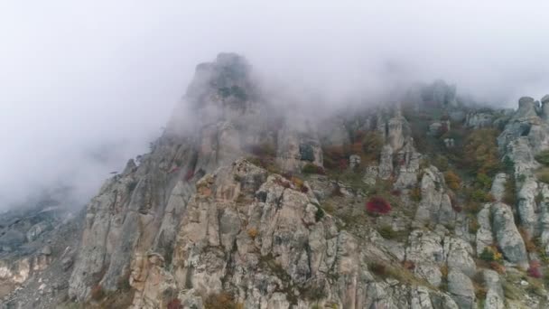 Szczyt góry we mgle. Strzał. Kolorowy widok od dołu — Wideo stockowe