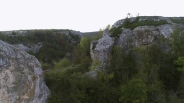 Ağaçlar ve yeşil bitki örtüsü ile pitoresk bir kayalar close-up. Vurdu. Kayalık tepenin üstünden harika görünümü.