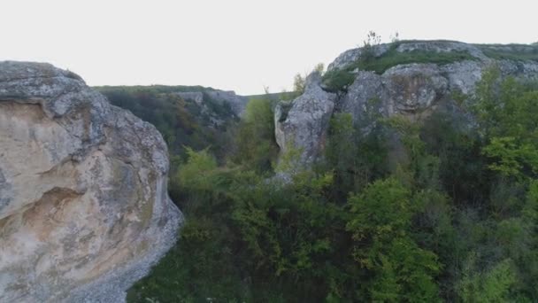 Close-up van een schilderachtige rotsen met bomen en groen gebladerte. Schot. Prachtig uitzicht vanaf de top van de rotsachtige heuvel. — Stockvideo