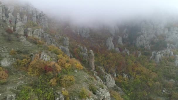 Горные образования в вечернем тумане. Выстрел. Вид на туманные деревья на горном хребте . — стоковое видео