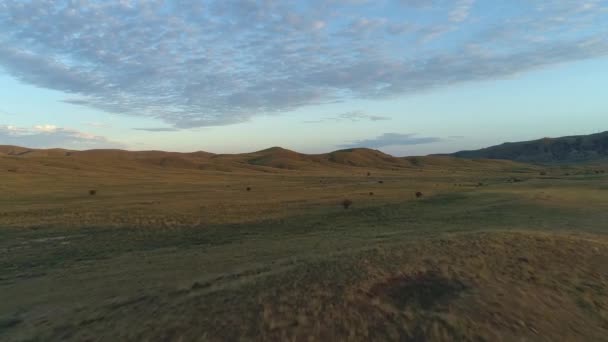 Wunderbarer Sonnenuntergang mit weitem Feld. Schuss. schöner blauer Himmel, orangefarbene Wolken und Hügel im Hintergrund — Stockvideo