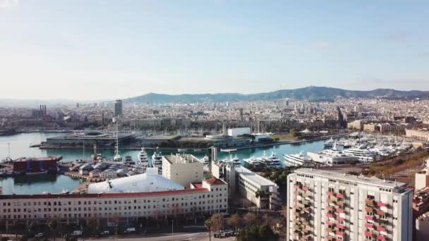 Bovenaanzicht van de stad met de baai en jachten. Voorraad. Mooie luchtfoto van de poort van de stad. Luchtfoto van witte jachten en boten aangemeerd in de haven pier — Stockvideo