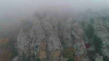 Büyük uçurum Close-Up siste kayalar. Vurdu. Sonbahar manzara