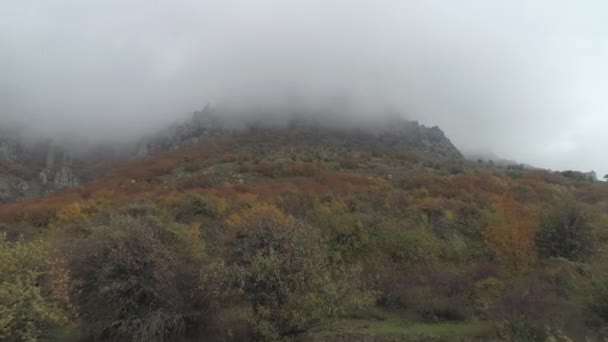 Acantilado rocoso en la niebla en las montañas de otoño. Le dispararon. Hermoso paisaje . — Vídeos de Stock