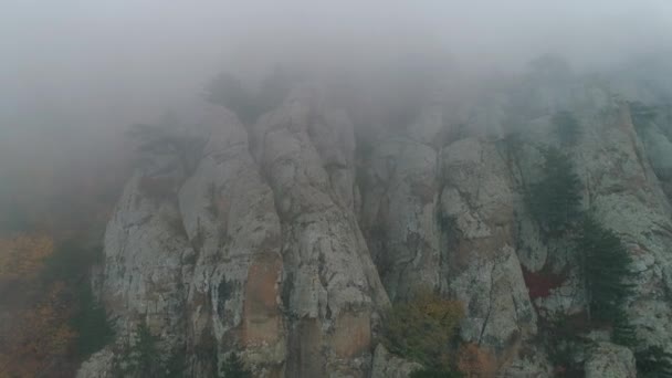 Primer plano de enormes rocas de acantilado en la niebla. Le dispararon. Paisaje otoñal — Vídeos de Stock