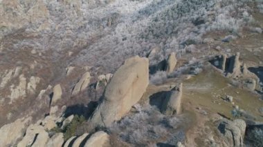Karlı çalılar ve ağaçlar tarafından kaplı bir dağ tepe üzerinde hava görünümünü büyük kayalar. Vurdu. Kış manzarası.