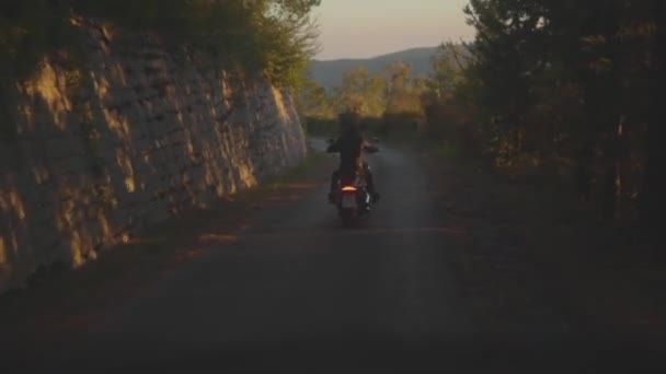 Вид сзади на человека на мотоцикле. На складе. Человек на мотоцикле по лесной асфальтированной дороге — стоковое видео