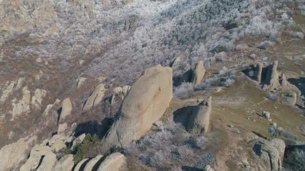 Vue aérienne d'énormes rochers sur une colline de montagne couverte d'arbustes et d'arbres enneigés. Fusillade. Paysage hivernal . — Video