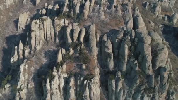 Luchtfoto van een mooie stenen met overvloedige textuur omgeven door kleine coniferen vallende vorst bovenop een rotsachtige berg. Schot. Close-up. — Stockvideo
