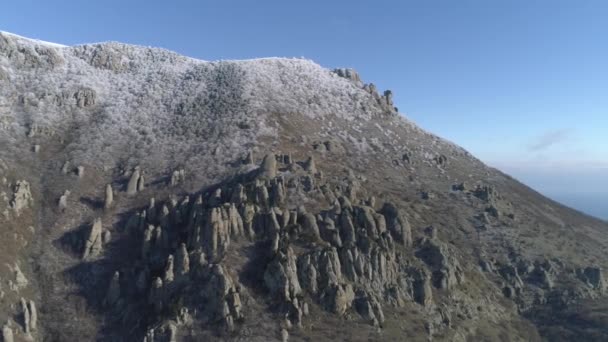 Visa på bergets topp täckta enorma klippor och snöiga buskar mot blå klar himmel. Skott. Flygfoto. — Stockvideo
