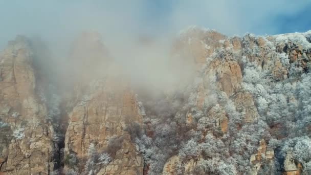 Vue des sommets montagneux dans les nuages couverts de petits arbres et arbustes gelés à nouveau ciel bleu. Fusillade. Vue imprenable sur la montagne .