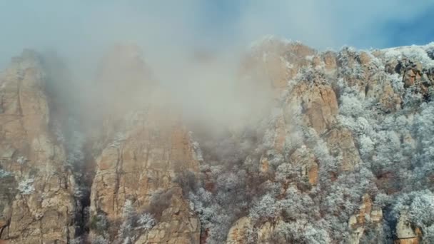 Pohled na vrcholky hor v mracích se vztahuje zmrazené malých stromů a keřů proti modré obloze. Střela. Úžasný výhled na hory. — Stock video