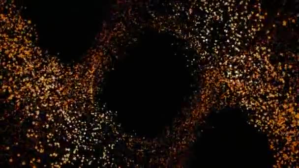 Абстрактна анімація красивих літаючих мерехтливих помаранчевих частинок на чорному тлі. Барвисті блискітки . — стокове відео