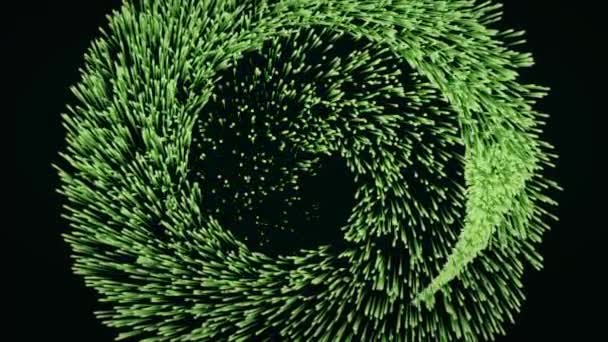 Abstrakte Animation grüner wachsender Teilchen, die sich spiralförmig auf schwarzem Hintergrund bewegen. Bunte Animation. — Stockvideo