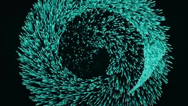 Abstract animation of blue growing particles moving in a spiral on a black background. Colorful animation. — Stock Video