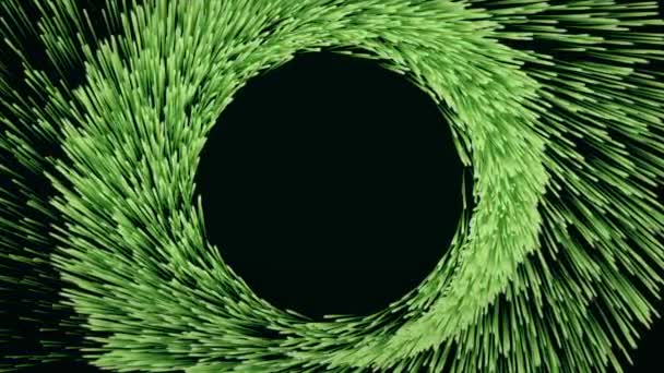 Animación abstracta de túnel colorido con partículas verdes en crecimiento moviéndose en una espiral sobre un fondo negro. Animación colorida . — Vídeos de Stock