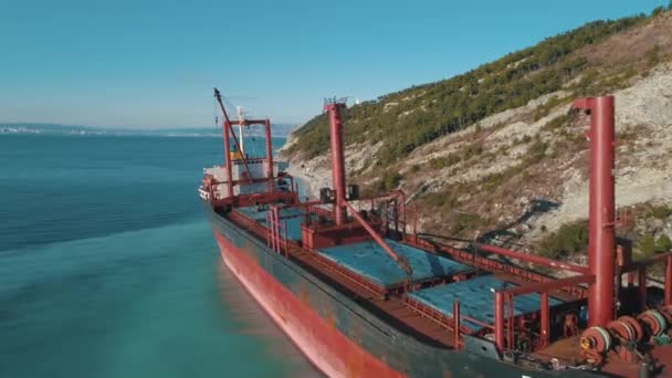 Närbild av stora röda last fartyget stående i stilla vatten nära kusten. Skott. Marina landskap — Stockvideo