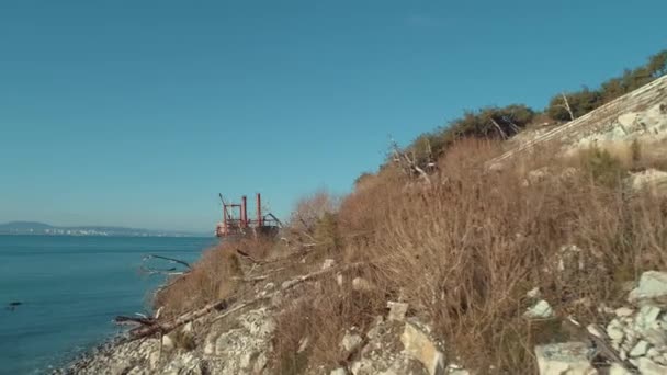 Vista no grande navio de carga vermelho no mar azul perto da costa com as pessoas. Atingido. paisagens marinhas — Vídeo de Stock