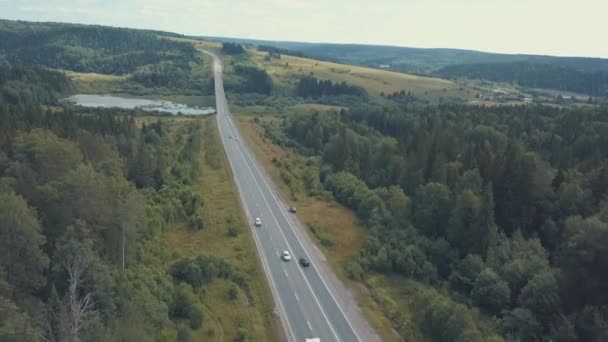 Veduta aerea di carreggiata tra una palude con acqua e verde fitta foresta. Clip. Guida di una macchina — Video Stock