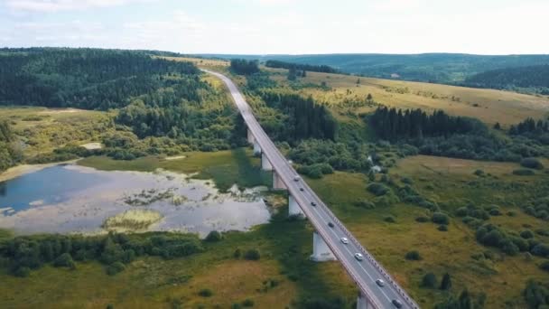 Luftaufnahme einer viel befahrenen Brückenstraße mit fahrenden Autos, die einen Sumpf mit Wasser und Tal überqueren. Clip. Autos in Bewegung. — Stockvideo