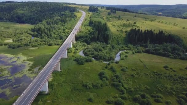 Luchtfoto van een drukke brug weg met bewegende auto's crossing een moeras met water en vallei. Clip. Auto verplaatsen. — Stockvideo