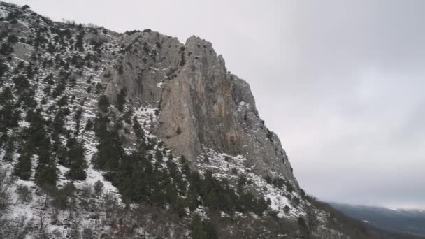 Légi felvétel fagyasztott téli canyon repül. Lövés. Légi járat körül hegy csúcsa a fa erdei fenyő — Stock videók