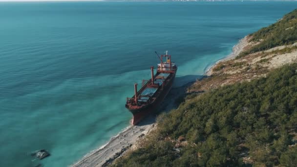 Aerial view of large cargo ship in still blue water near coastline. Shot. Sea transportations — Stock Video