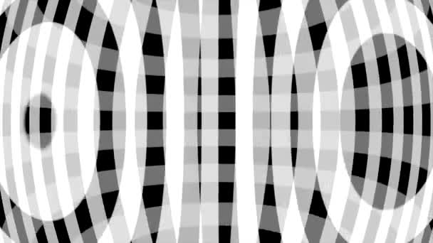 Hipnotik animasyon parlayan beyaz daireler ve siyah arka plan, sorunsuz döngü üzerinde geniş arcuate hatları. Tek renkli optik illüzyon geometrik şekiller desenli. — Stok video