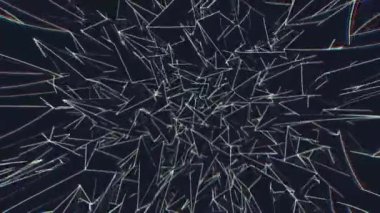 Keskin üçgenlerin hareket ettiği soyut bir alan. Animasyon. Uzayı kesen karanlık, keskin üçgenler. Hareket eden üçgenlerin kırık ayna alanı