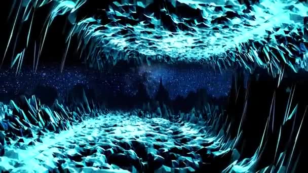 Abstracte vallei van neon verlichting. Animatie. Computer ruimte met vallei van rotsen tot uiting van bovenaf, verlicht door fel licht van de maan — Stockvideo