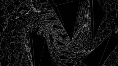 Keskin üçgen hareketli soyut alanı. Animasyon. Spiral düzende uzayda karanlık keskin üçgenler toplamak. Kırık üçgenler tek sarmal içine katılan