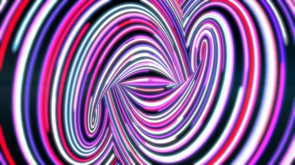 Chemin abstrait tourbillonnant avec des lignes colorées rapidement. Animation. Canal d'énergie avec des torsions tourbillonnantes et des virages imprégnés de lignes lumineuses colorées qui se déplacent rapidement — Photo