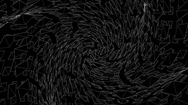 Abstract space of moving sharp triangles. Animation. Dark sharp triangles gather in space in spiral pattern. Broken triangles are joined into single spiral