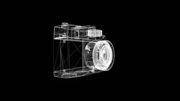 黑色背景相机的3d 模型。动画。从粒子中采集 3d x 射线图像, 并在黑色隔离背景上旋转。对象模型演示 — 图库照片