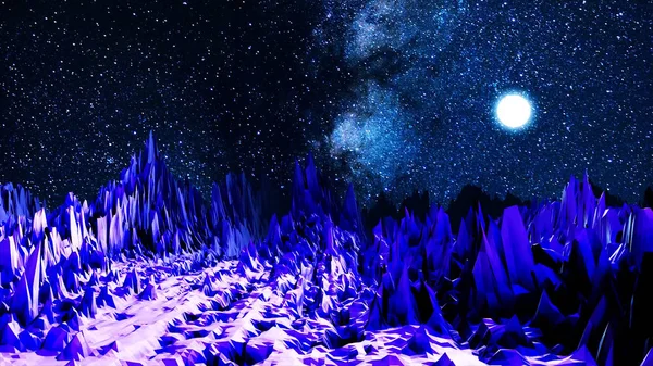 Valea abstractă în lumina neonului. Animaţie. Spațiu computerizat cu vale de bolovani ascuțiți iluminați de lumina strălucitoare a lunii — Fotografie, imagine de stoc