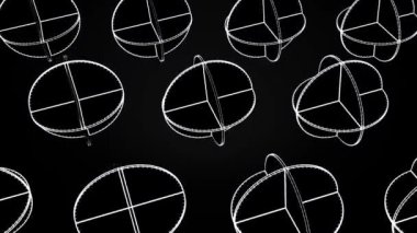 Beyaz kesişen animasyon daireler. Siyah bir zemin üzerine karmaşık geometrik şekiller dönen Soyut animasyon