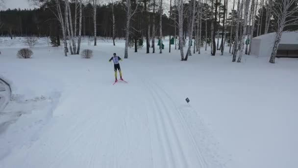 Kayak yarışmaya katılan ve gri akşam gökyüzü karşı kışın forest yakınındaki Kayak kanalında çalışan sporcu. Görüntüleri. Spor ve yarışmalar — Stok video