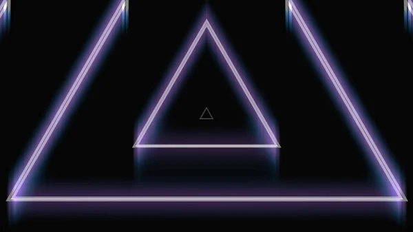 Beautiful abstract triangle tunnel with neon light lines moving fast on black background, seamless loop. Animation. Futuristic tunnel with purple endlessly moving geometrical figures.