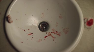 Kan lekeleri ve kanlı pamuk temizleme bezi ile beyaz lavabo close-up. Stok görüntüleri. Birisi onları bir lavaboda atma