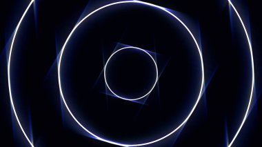 Soyut Neon çevrelerde tünel, Dikişsiz döngü. Animasyon. Siyah arka planda tünel içinde sonsuz hareket eden beyaz ve mavi daireler.