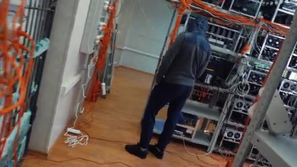 Close-up of system administrator working at data center room near the shelves with coolers and processors. Stock footage. Computers and technologies — Stock Video