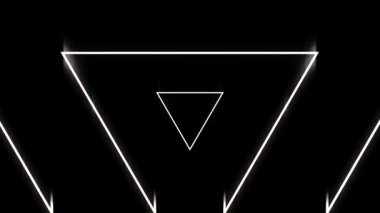 Beautiful abstract triangle tunnel with neon light lines moving fast on black background, seamless loop. Animation. Futuristic tunnel with white endlessly moving geometrical figures.