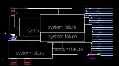 Sistem hatası iletileri bilgisayar ekranından kaybolur ve program çalışmaya devam eder, dijital güvenlik kavramı. Animasyon. Monitörde sinyal parazitleri ve açılır pencereler.