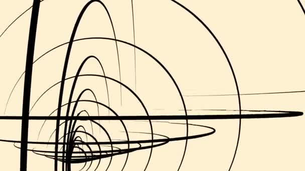 Astratto nero intrecciato cornici 3D di cerchi che ruotano su sfondo marrone chiaro, anello senza soluzione di continuità. Animazione. Anelli di volume di diverse dimensioni che girano all'infinito . — Video Stock