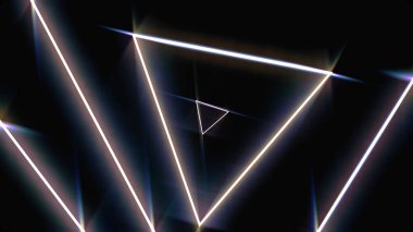 Bir tünel, kırmızı pembe menekşe spektrum, Dikişsiz döngü parlayan dönen Neon üçgenler ile uçan. Animasyon. Siyah arka planda hızlı geometrik şekiller hareketli floresan ultraviyole ışık.