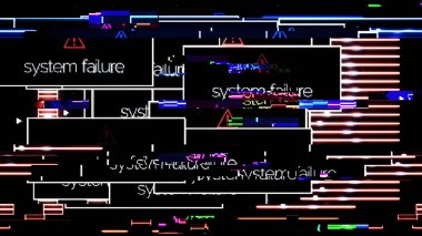 Sistem hasarı hata mesajları ve sinyal gürültüsü, siber güvenlik kavramı ile soyut dizüstü ekran. Animasyon. Normal çalışan program içine bilgisayar monitörü değişikliği sistem hatası pop up.