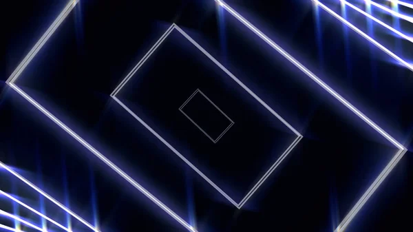 Abstract digital pattern with neon blue rectangles moving backwards, seamless loop. Animation. Geometrical figures fast movement on black background.