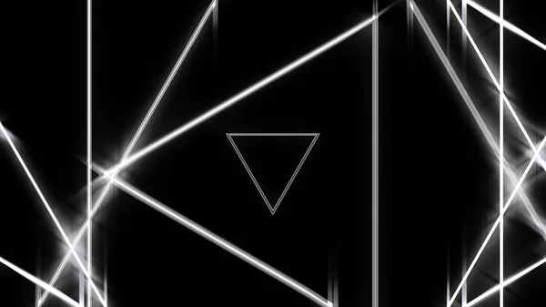 高速、ディスコやクラブのコンセプトを移動する白い光線と美しい抽象三角形のトンネル。アニメーション。ネオン幾何学的図形は、黒の背景に飛ぶ、モノクロ. — ストック写真